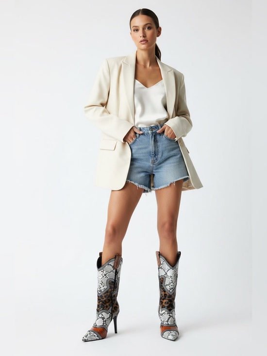 Source Unknown Shoes - Leopard & Snake-Print Pointed Western Ankle Boots - Women's Brown/White
